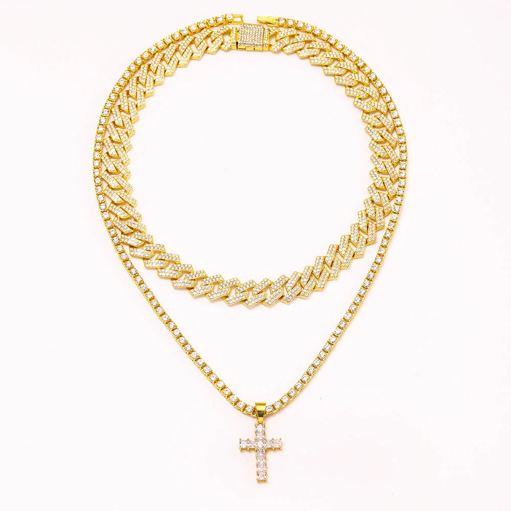 Zircon cross pendant necklace with Miami curb Cuban chain in gold and silver