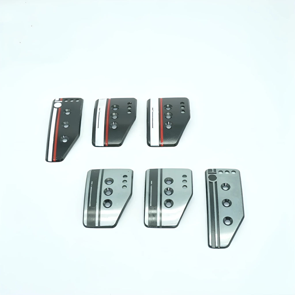 Aluminium alloy manual transmission car pedal set showing brake, clutch and accelerator pedals with mounting hardware