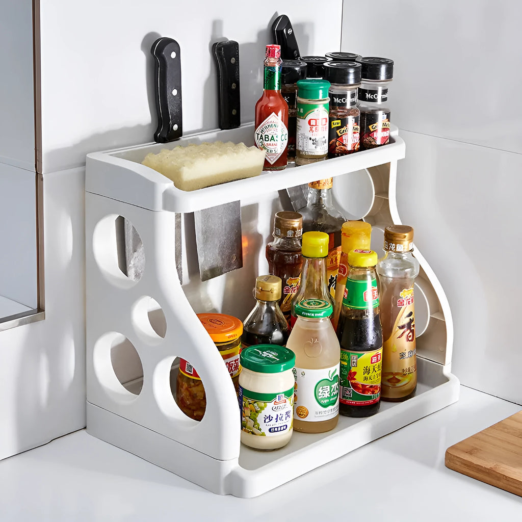 Foldable kitchen storage rack in one of five colours including pink, apricot, light grey, coffee or white