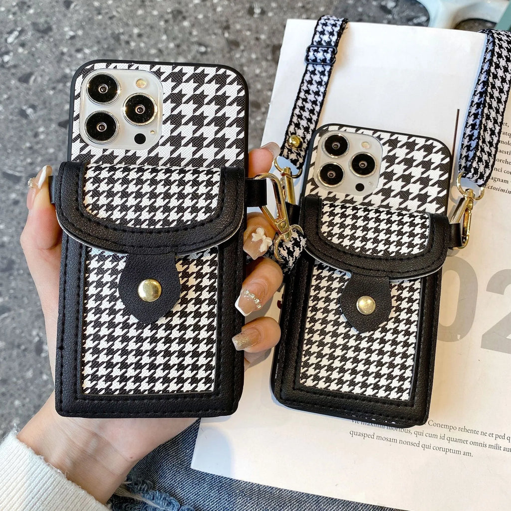 Houndstooth leather-look card case lanyard phone cover for iPhone with TPU+PC back shell