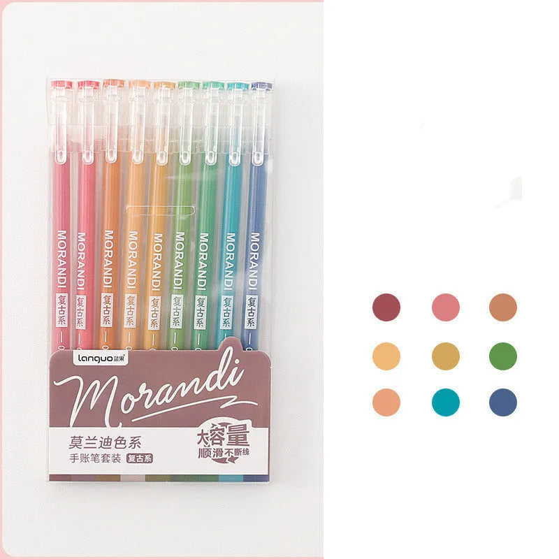 Set of nine 0.5mm needle-tip gel pens in a plastic storage case with Nordic, retro, salt, or sweet style colours.