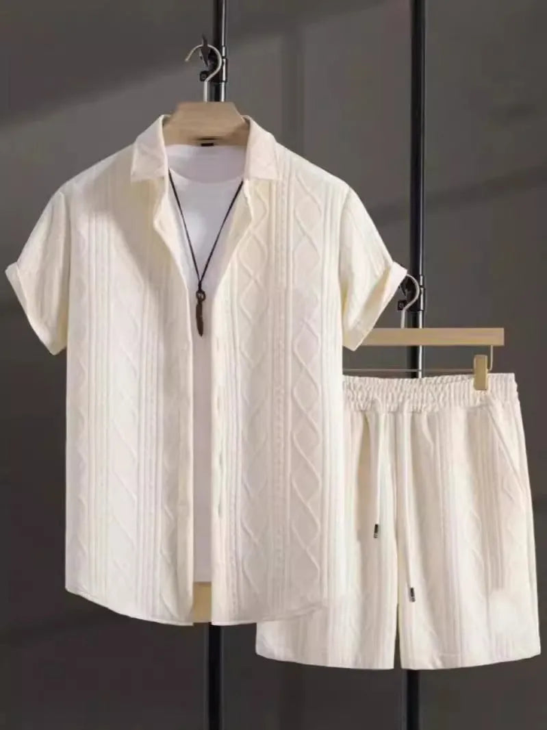 Jacquard short-sleeve shirt and matching shorts suit set in a solid colour.
