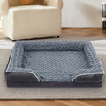 Waterproof dog kennel mat with removable cover in light grey, shown in a large dog crate.