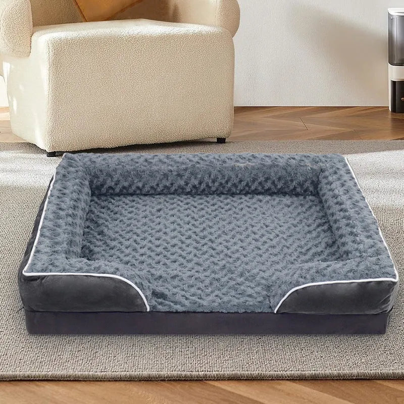 Waterproof dog kennel mat with removable cover in light grey, shown in a large dog crate.