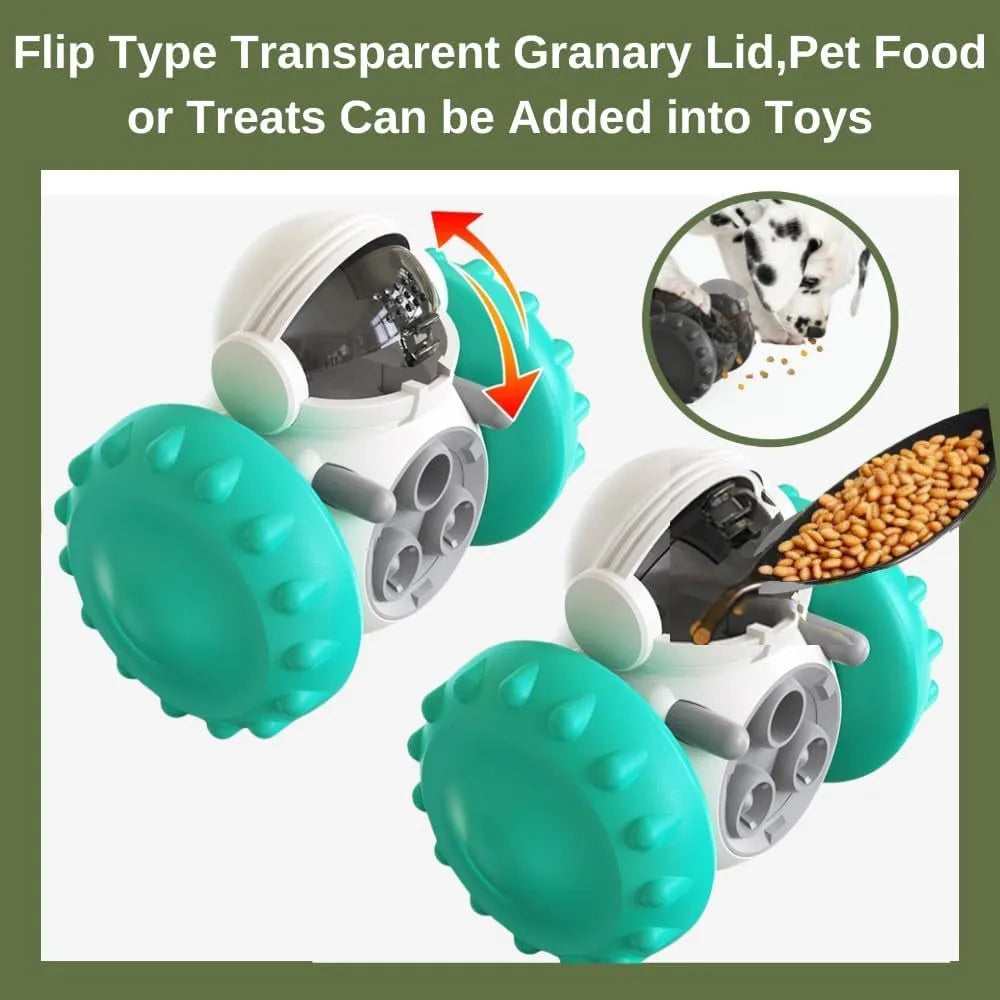 A robot-shaped, self-balancing dog and cat treat dispenser toy in various colours, shown with dry food.