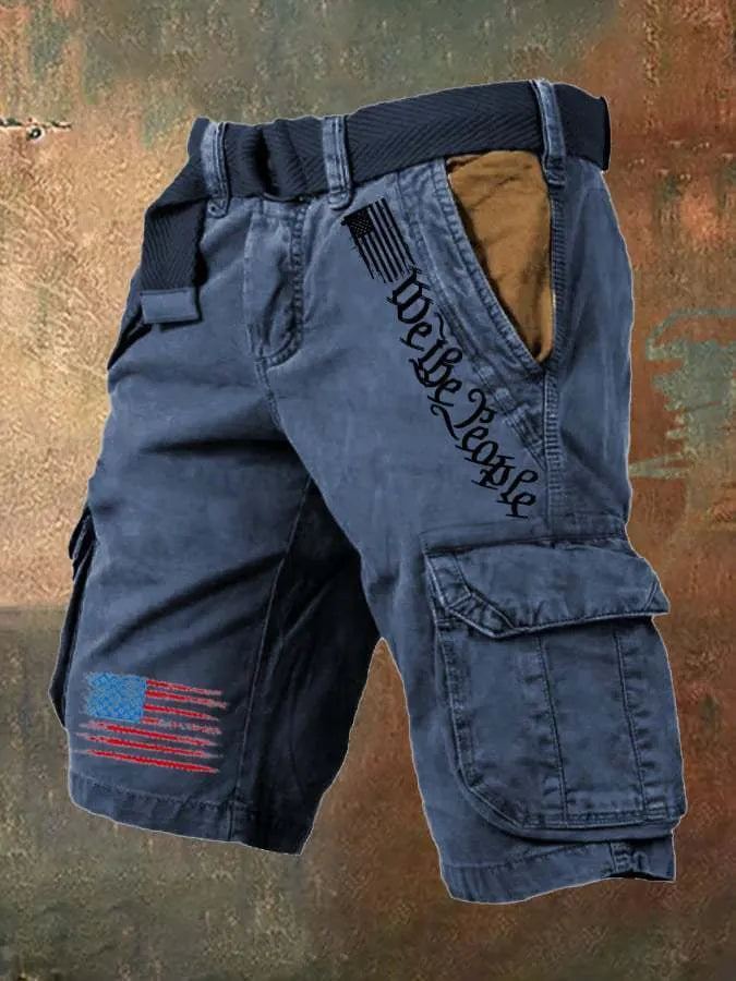 Man wearing khaki loose-fit multi-pocket fifth pants made from thin polyester denim fabric.