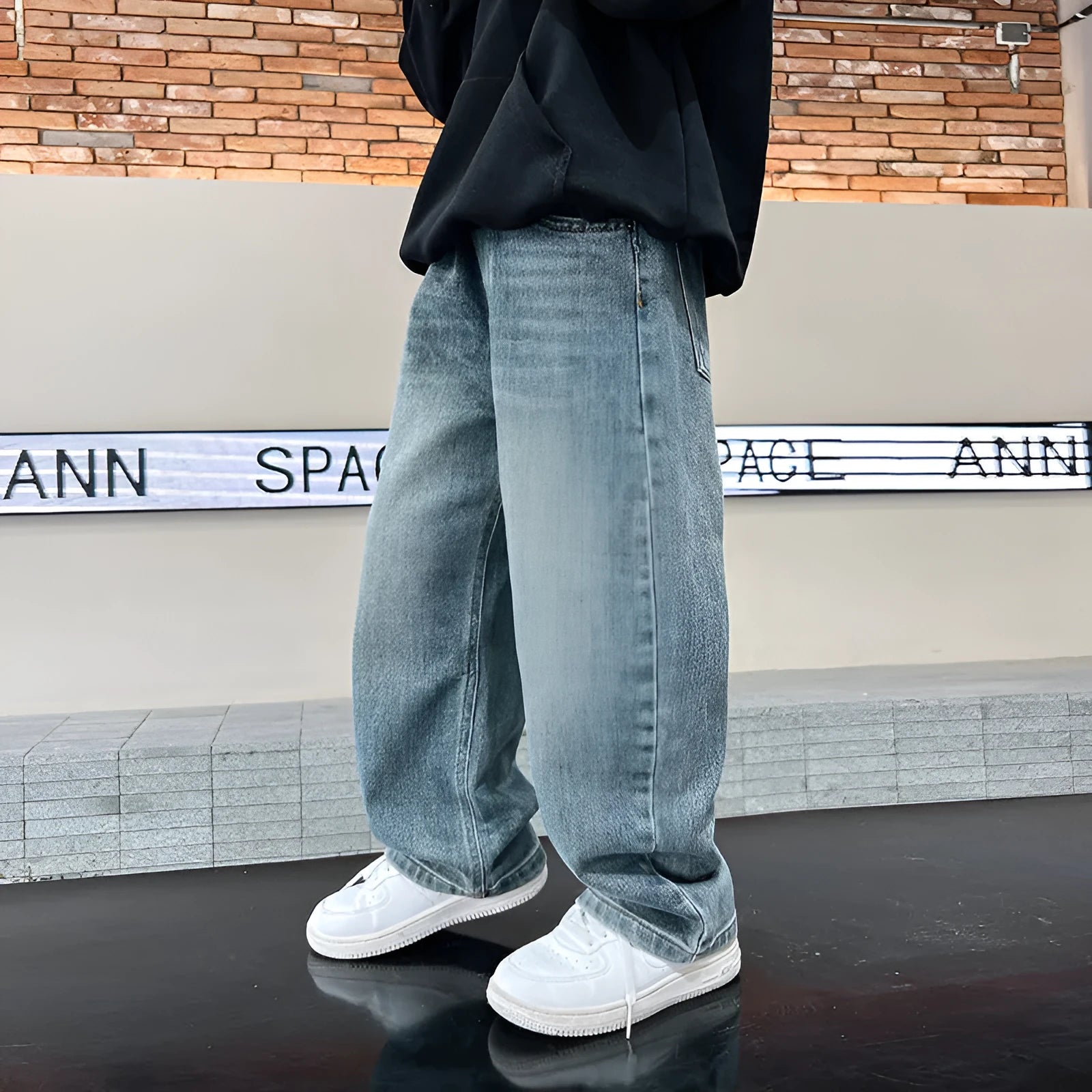 Men's straight loose fit blue denim jeans with cotton fabric, suitable for heights 120-170cm