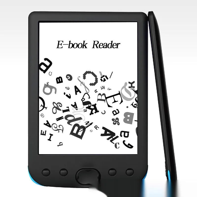 Black 6-inch E-ink screen e-book reader showing its display and compact design.