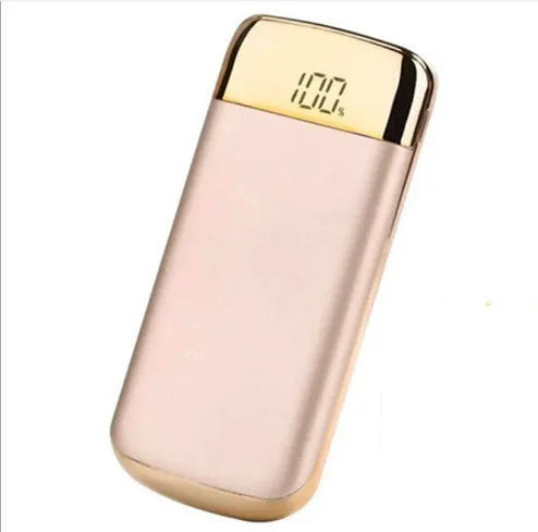 Square aluminium alloy power bank with LCD display showing battery level, with multiple USB ports.
