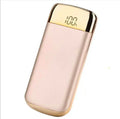 Square aluminium alloy power bank with LCD display showing battery level, with multiple USB ports.