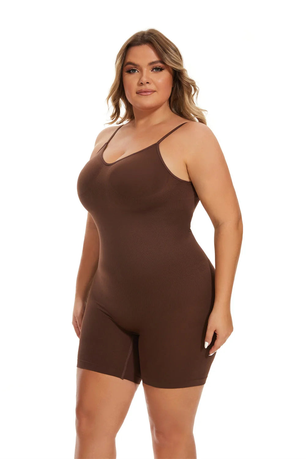 Waist-fitted jumpsuit in black, beige, and brown with belly control and hip-lift design