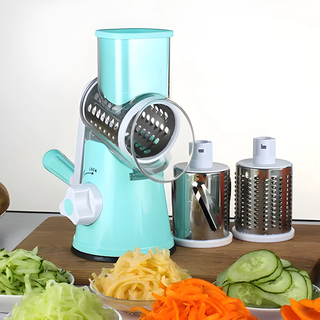 Round manual mandoline slicer with stainless steel blades for cutting potatoes, vegetables, and cheese