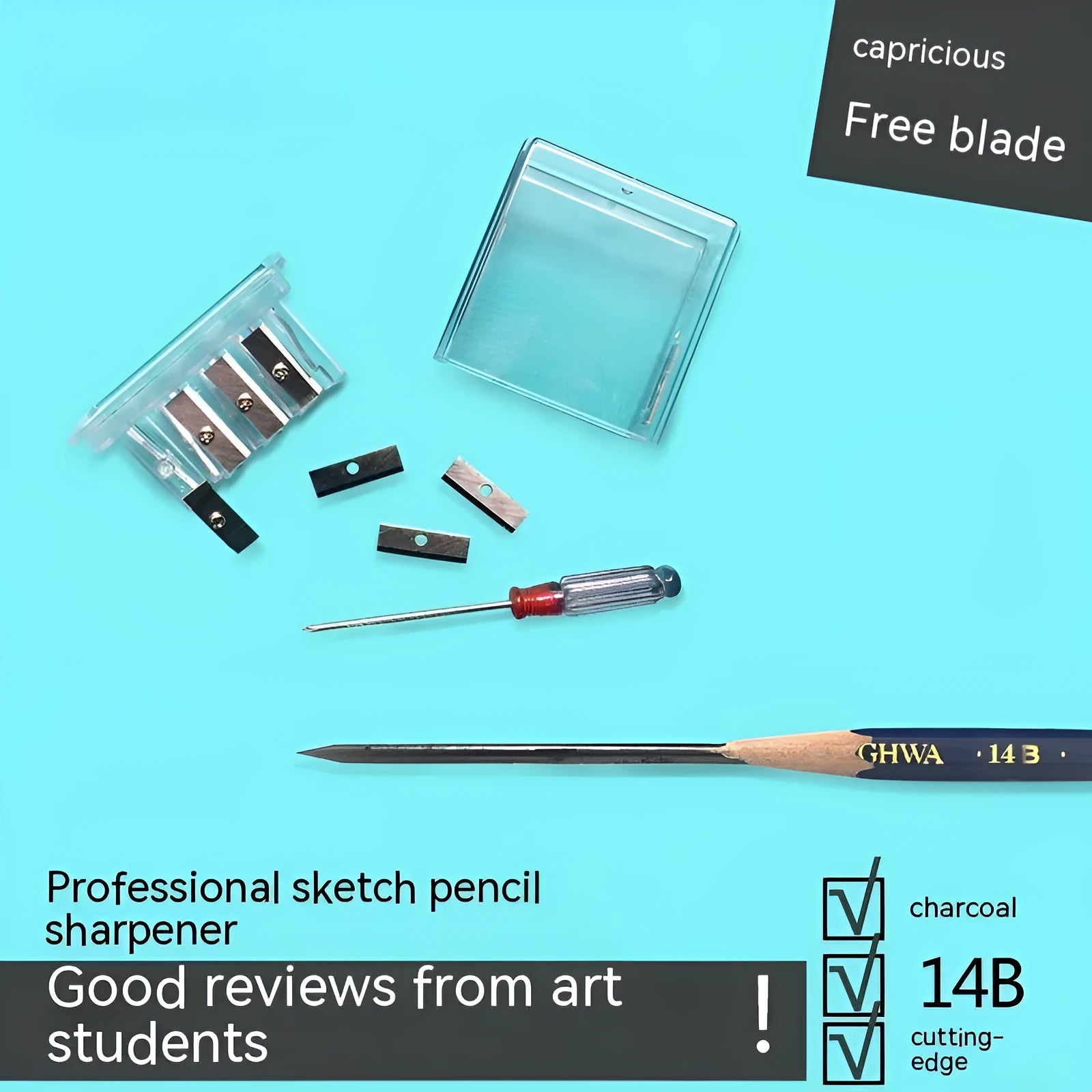 Geometric shaped plastic pencil sharpener with four holes and screwdriver accessory