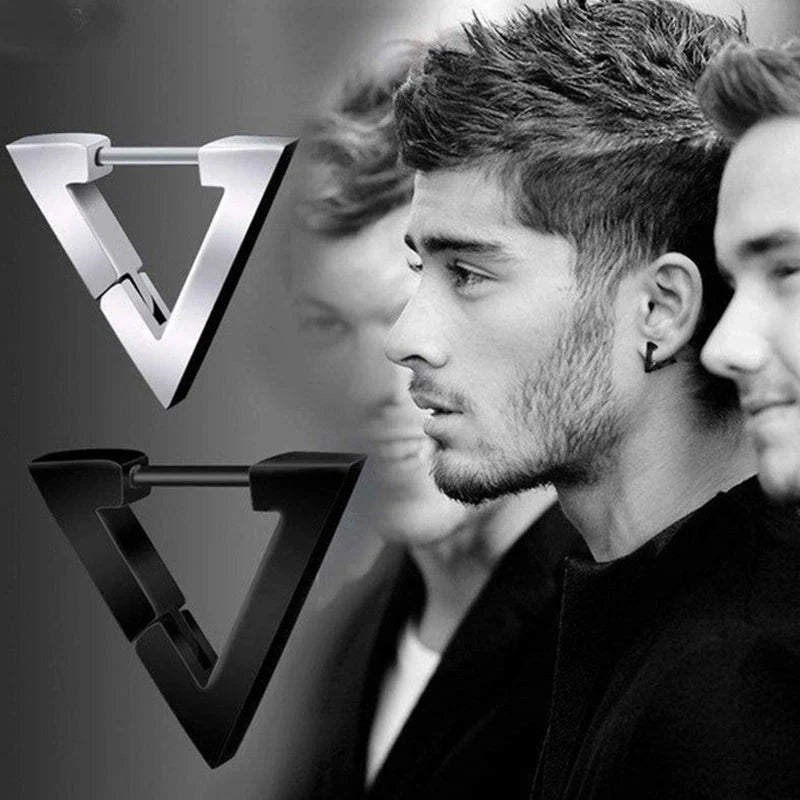 Stainless steel triangular hoop earrings in white, black, and gold