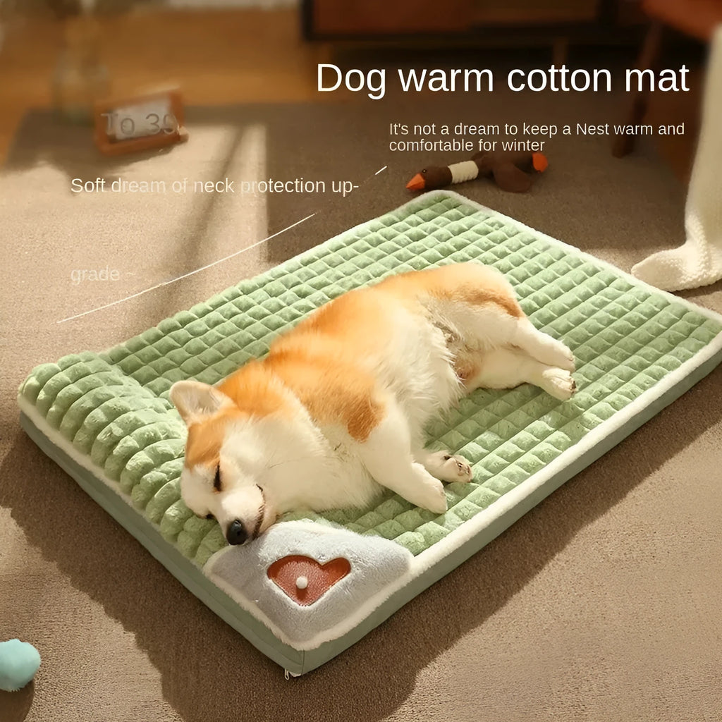 A large grey washable dog mat with a detachable cover, shown with a dog lying on it.
