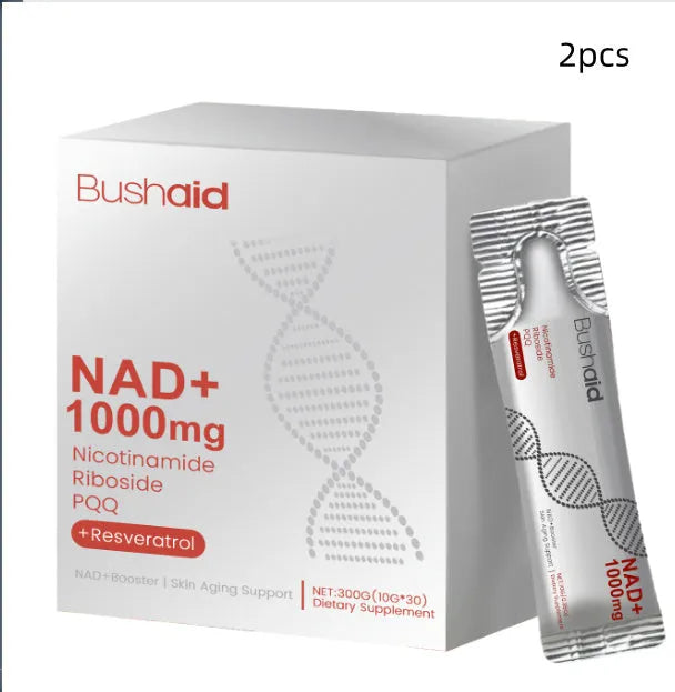 Pouch of 300g anti-ageing dietary supplement drink powder with nicotinamide riboside and resveratrol.