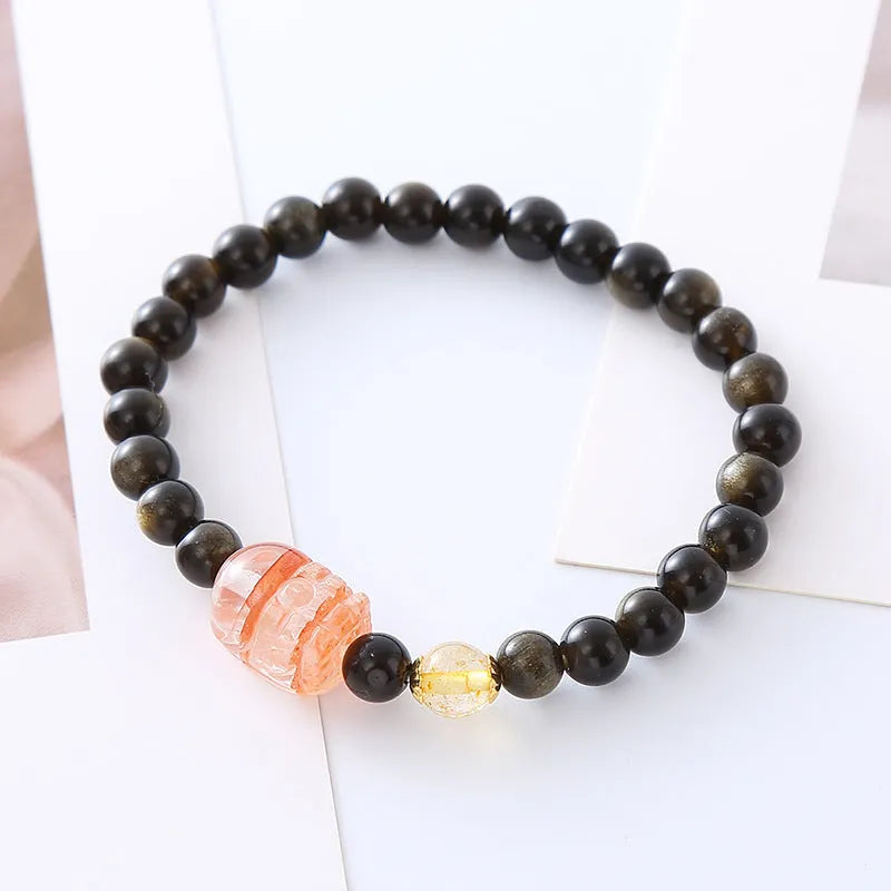 Handmade natural obsidian Pi Xiu bracelet with animal modelling in gold or red colours