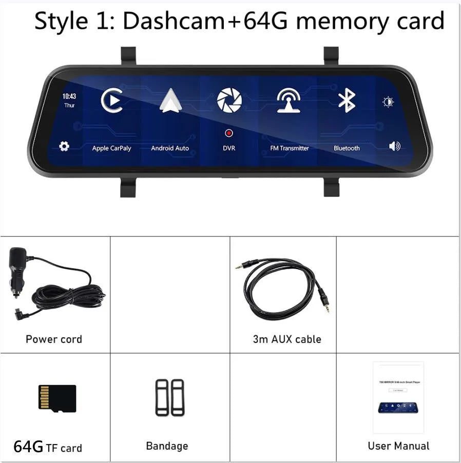 9.66-inch HD in-mirror car dash cam and video player with reverse camera and mounting brackets
