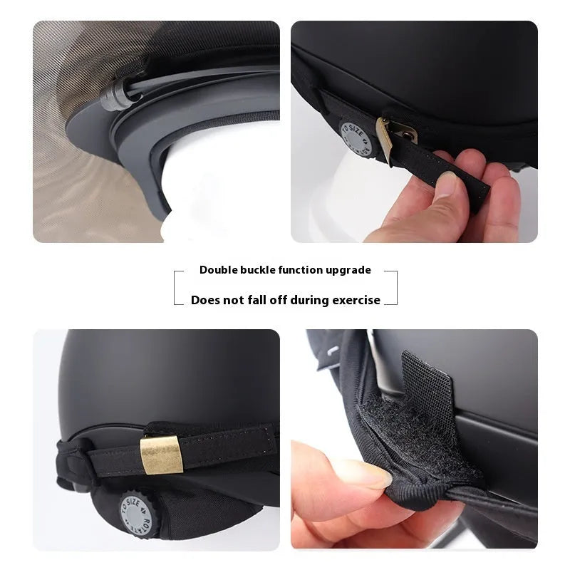 Black PVC outdoor riding helmet with sun visor for equestrian use