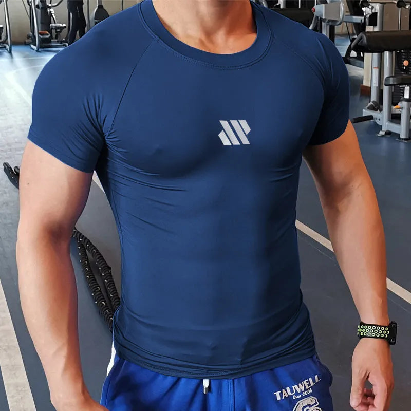 Men's quick-drying compressed top in solid colour polyester fabric for training and running, available in black white light pink navy blue sizes M to 3XL