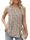Black plus size sleeveless vest with floral print, loose fit, round neck.