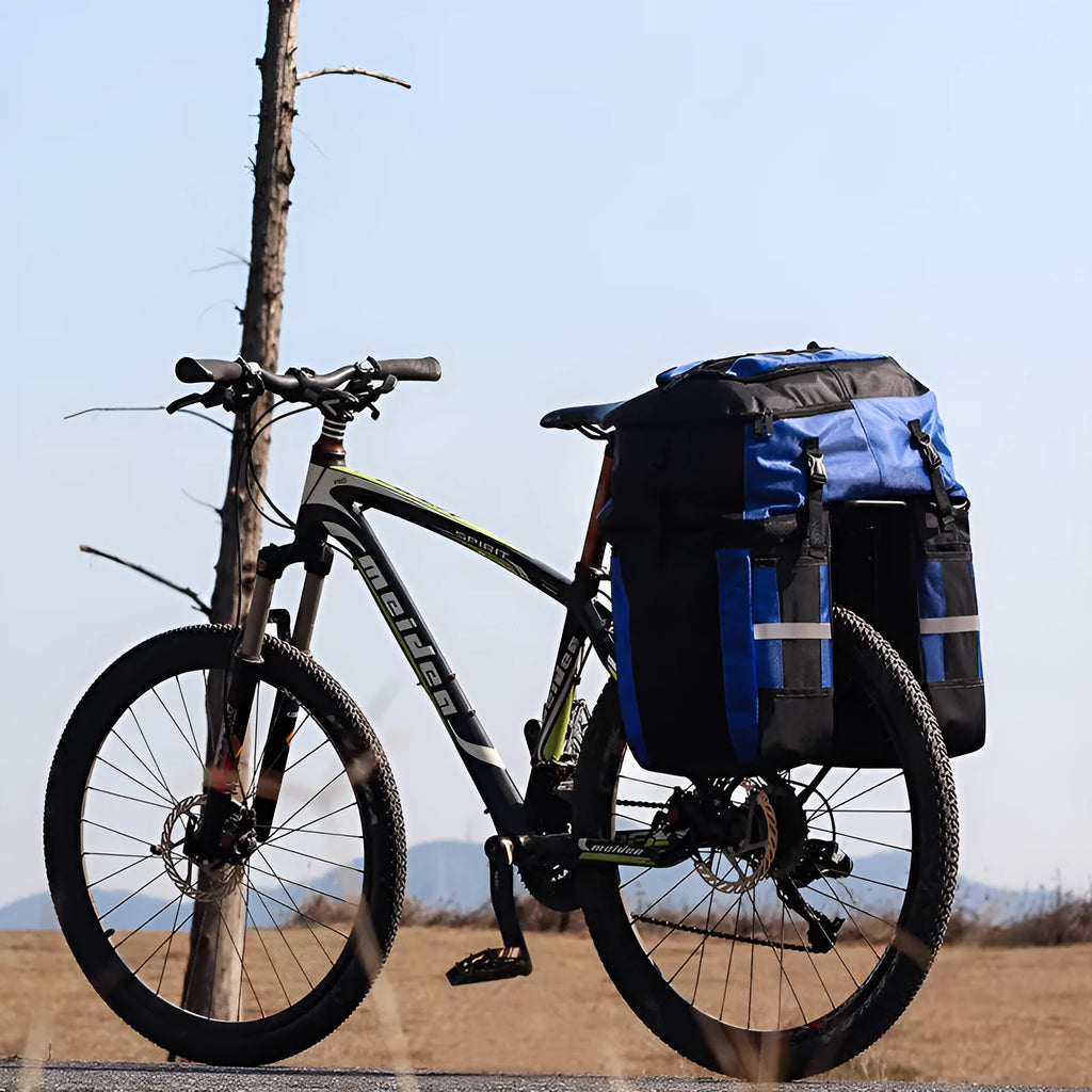 70L bicycle rear storage bag in blue green or red colours for long-distance cycling tours