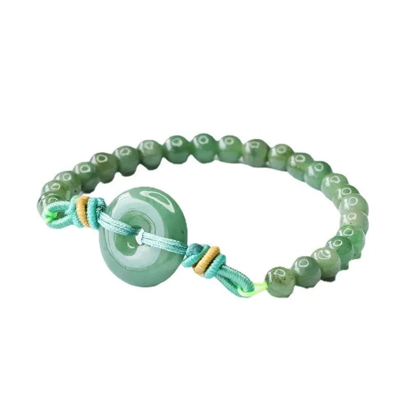 Jade bracelet with safety buckle showing emerald green 6mm star beads in national style design