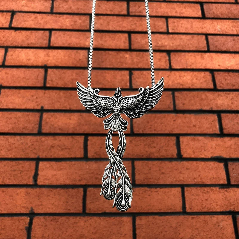 Detailed zinc alloy phoenix pendant necklace with 65CM chain, unisex design