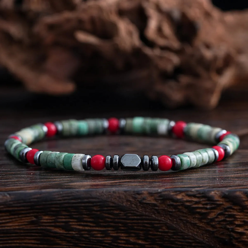 Men's Bohemian cylindrical natural stone beads string bracelet hand-woven construction