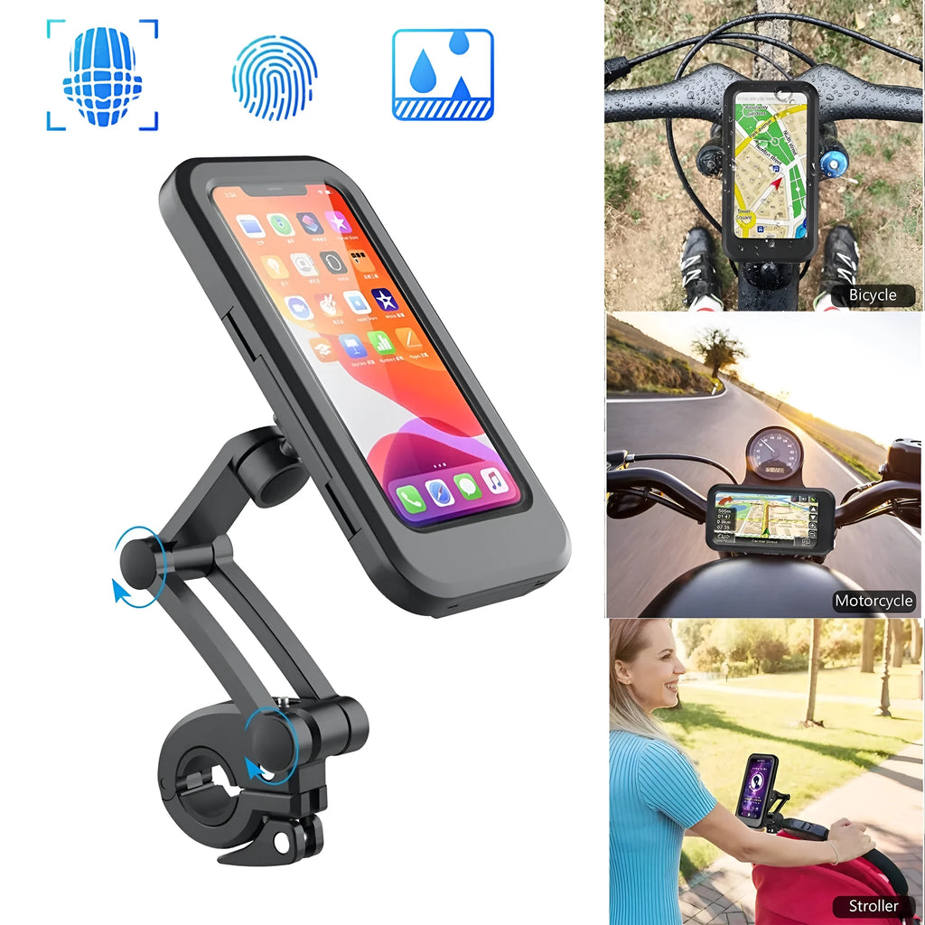 Black adjustable waterproof bicycle phone mount on a handlebar, showing three joints and magnetic phone attachment.