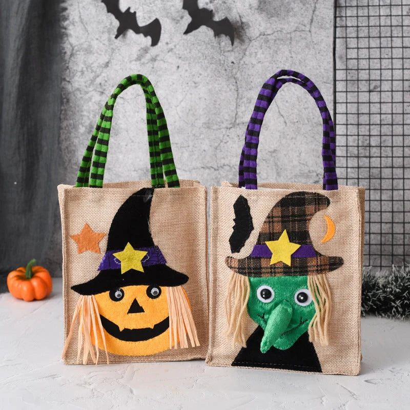 Halloween candy tote bag for kids featuring fun witch, skull, pumpkin, and black cat designs