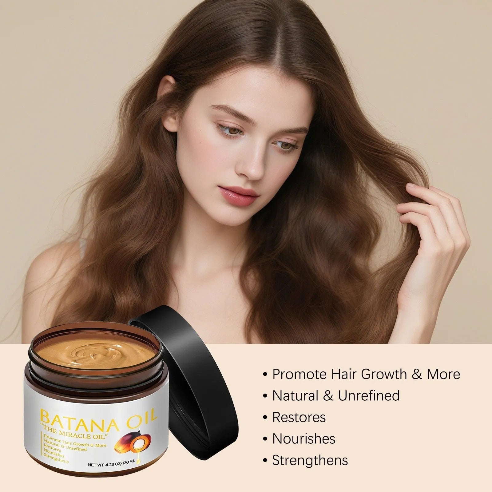 Batana Hair Mask bottle with 120ml net content for frizzy hair treatment