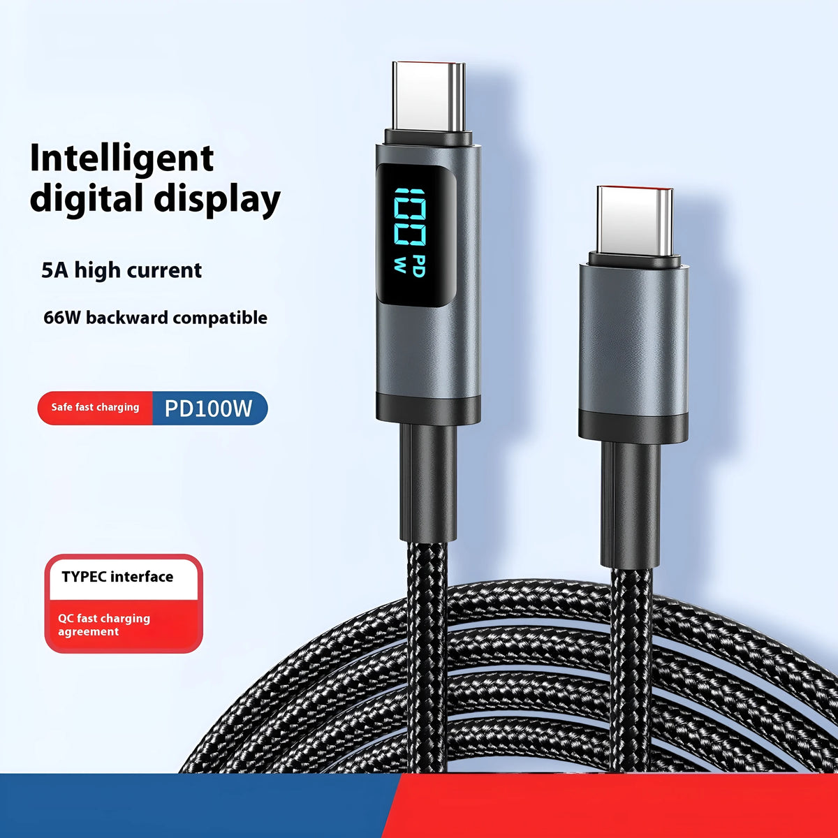 Phone fast charge data cable woven black digital display 1.2m Lightning Type-C 66W
