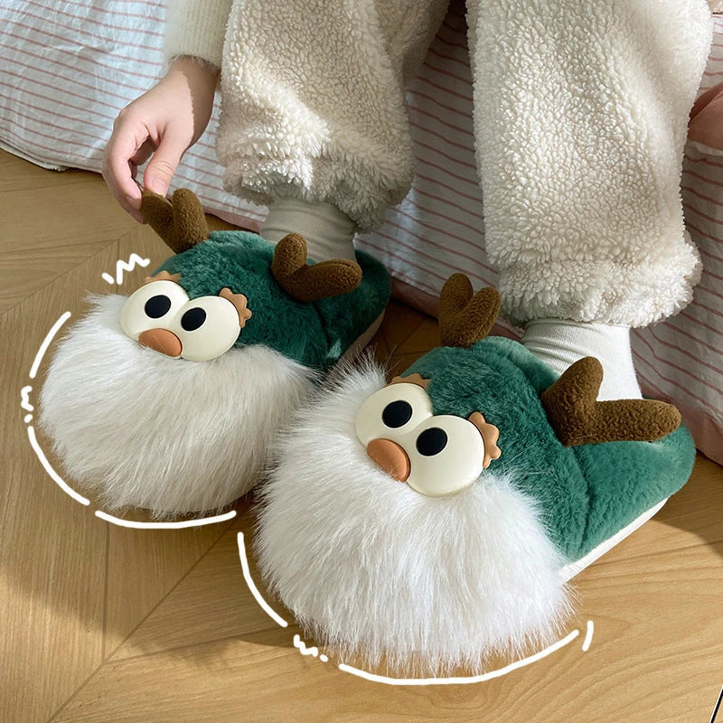 Cozy plush Christmas deer-themed slippers with soft material and durable sole for comfortable indoor wear