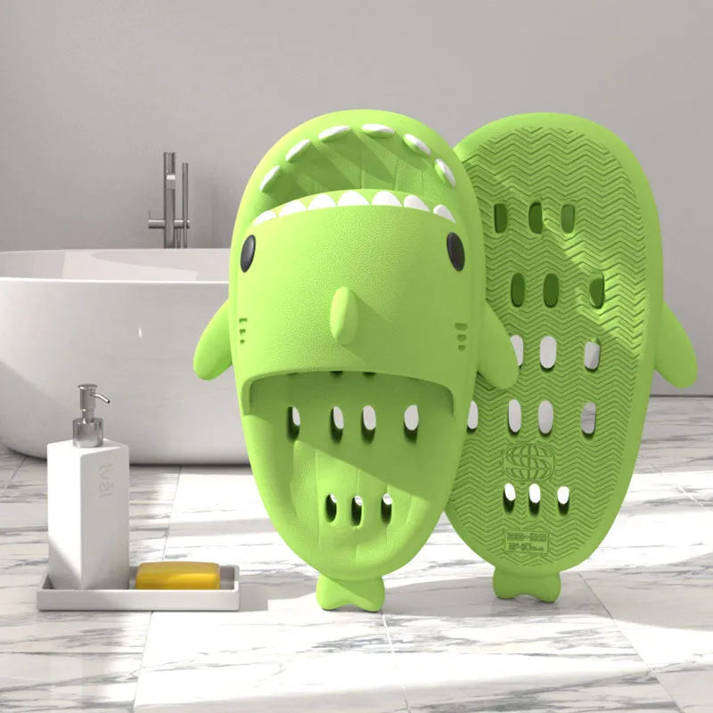 Shark slippers with drain holes, EVA quick-drying pool slides, non-slip sole, open-toe design, unisex shower shoes