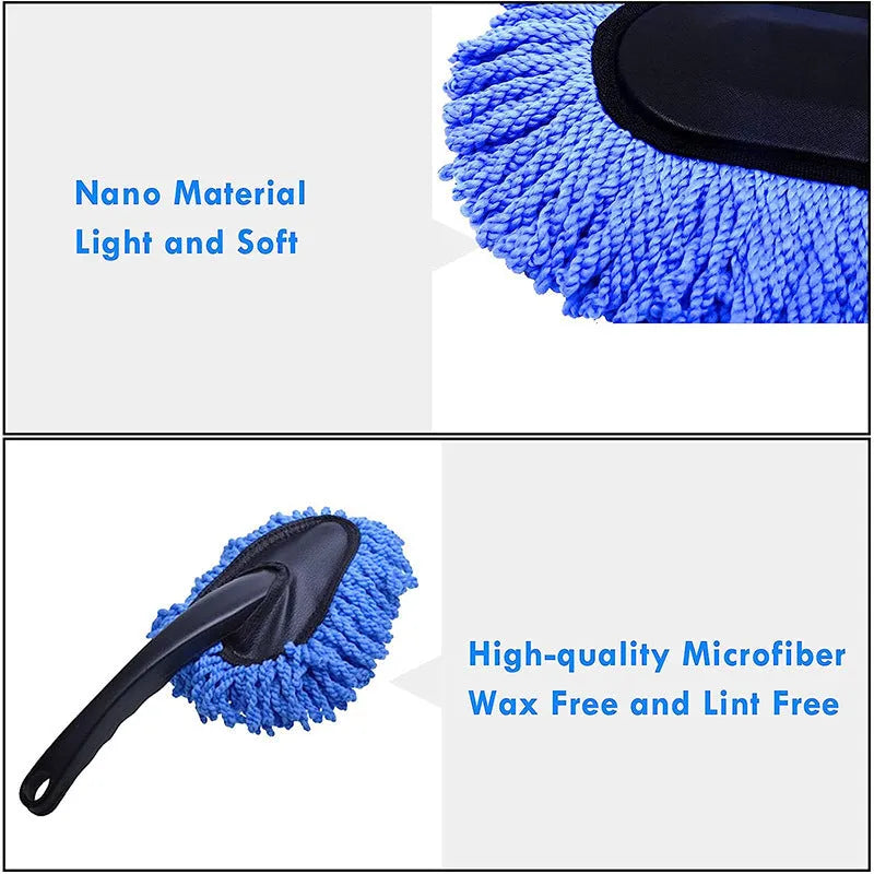 Car dust collector with retractable handle and five fibre brush heads on a car dashboard