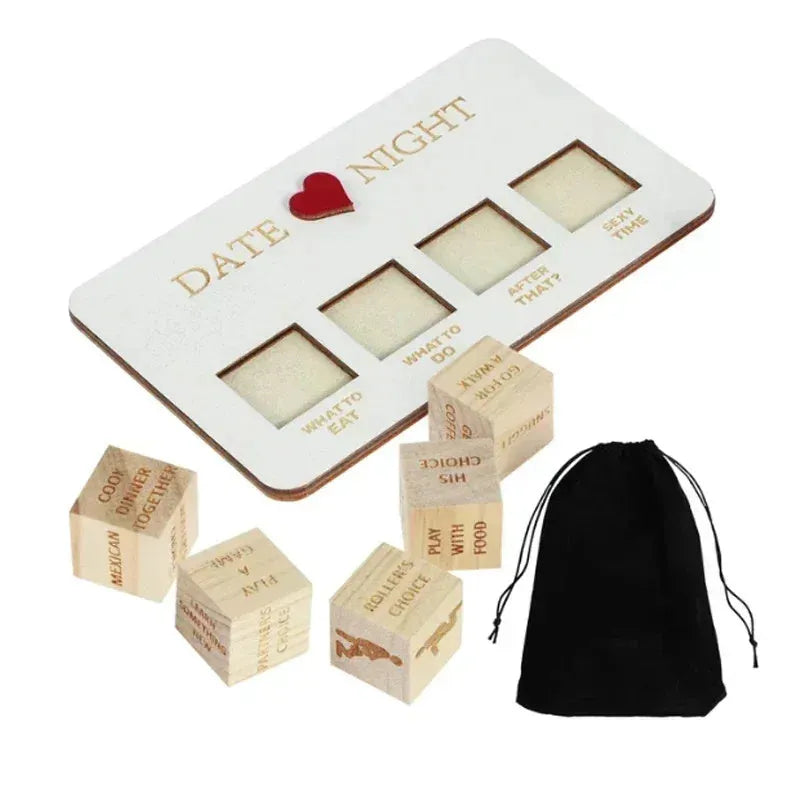 Wooden date night dice game set showing five dice, a rectangular wooden board, and a black fabric storage bag.