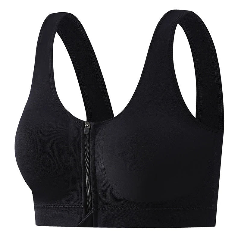 Front zipper sports bra in black with shockproof support and beauty back design