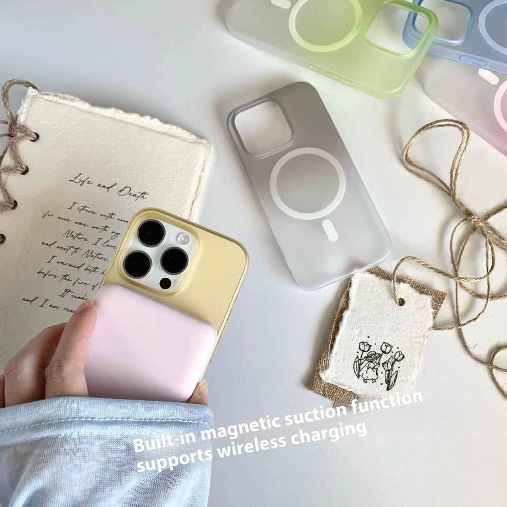 Gradient frosted magnetic suction iPhone case showing ultra-thin PC construction and colour variations