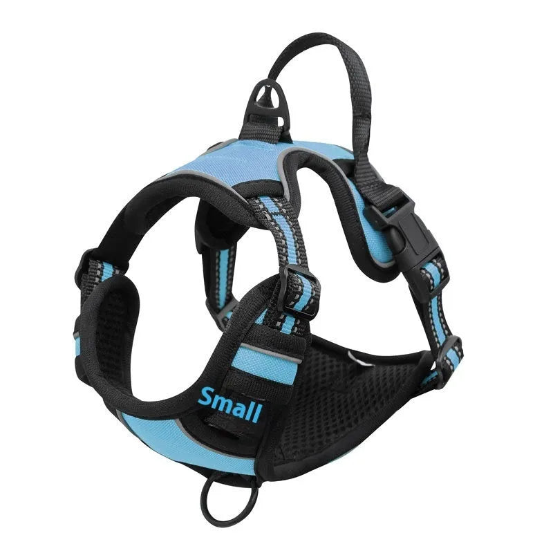 Adjustable outdoor dog chest strap harness made of Oxford cloth in various colours with a D-ring.