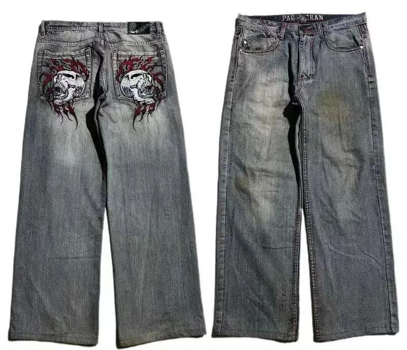 Men's grey washed-out jeans with American retro styling and wide-leg workwear design