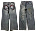 Men's grey washed-out jeans with American retro styling and wide-leg workwear design