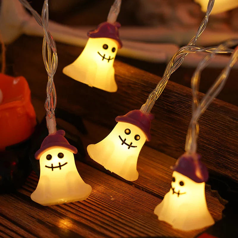 Battery-powered Halloween lighting chain with pumpkin, ghost, and bat-shaped LED lights