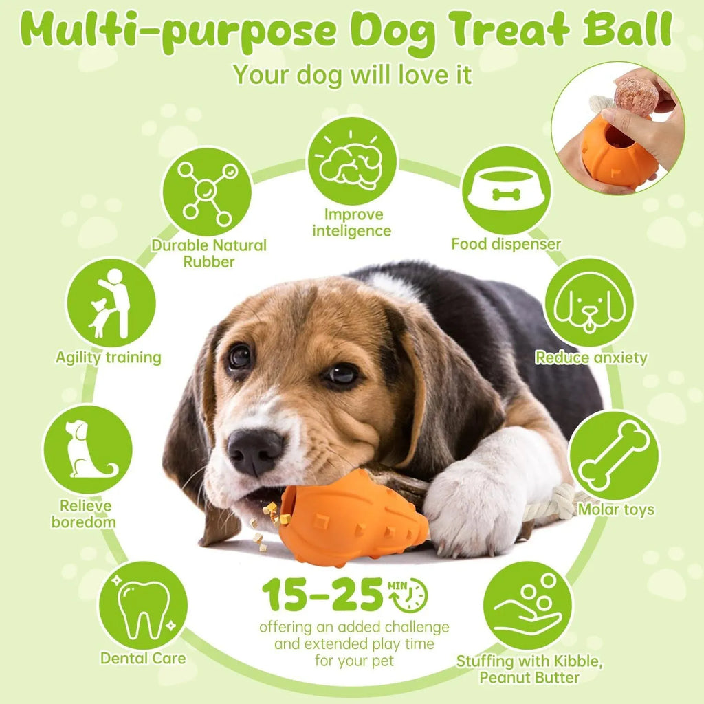 Natural rubber stuffable dog toy for small medium breeds with treat hole and long strap.