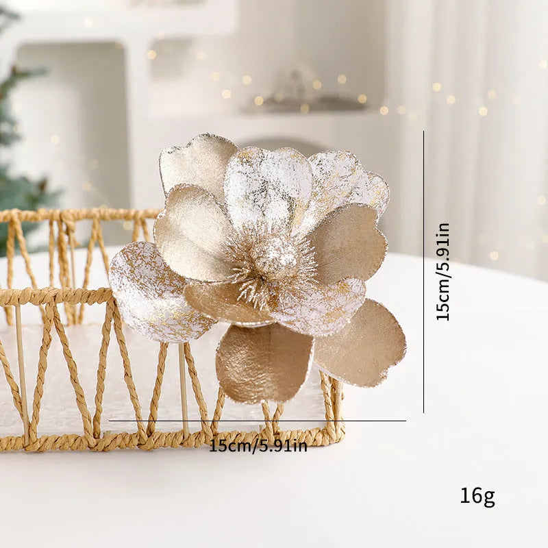Set of three 15cm flannel Christmas flower ornaments in champagne gold, wine red, and dark green
