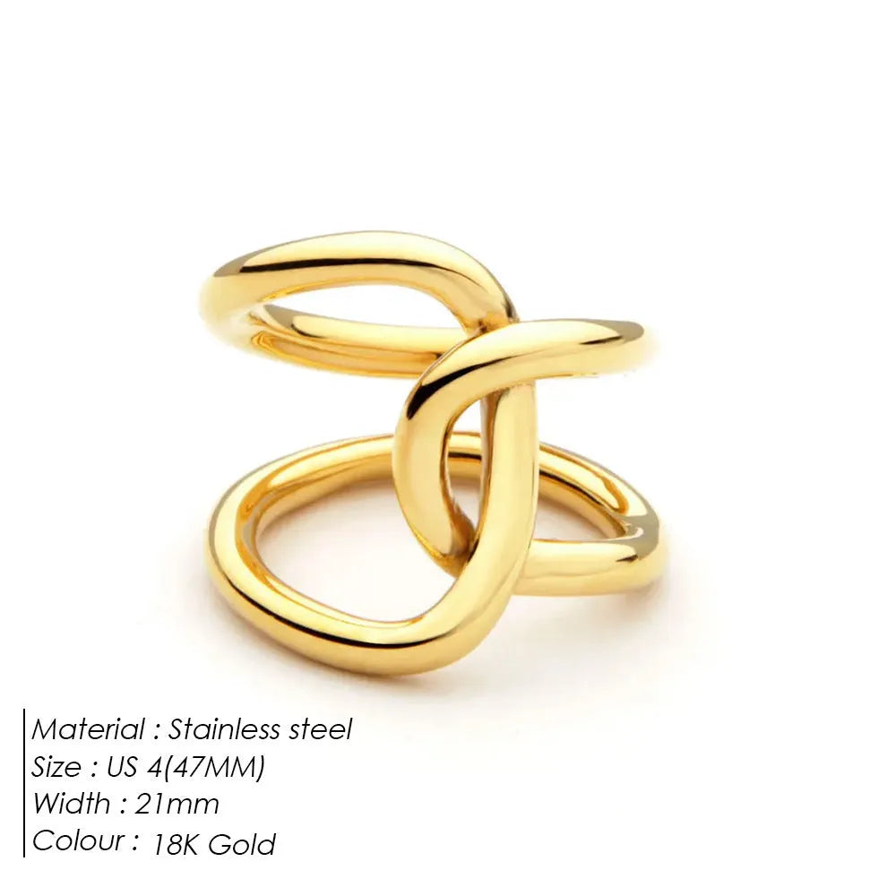 A stainless steel adjustable ring with a knotted detail on a U-shaped geometric band.
