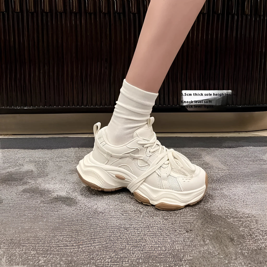 Women's milky white platform sneakers with lace-up front and round toe.