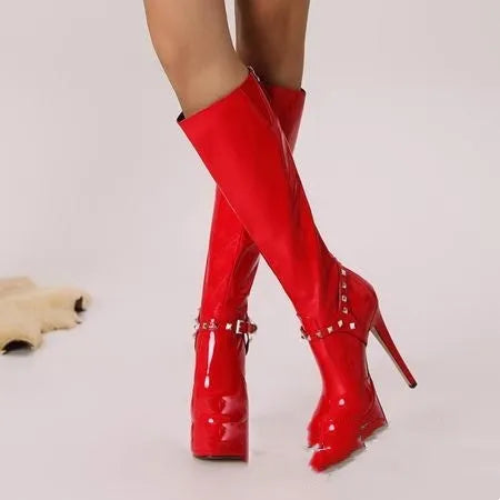 Red chunky heel high leg boots for women with back zipper and round toe