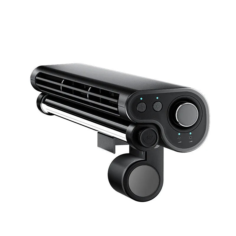 Black USB clip-on bladeless desk fan with integrated lamp attached to a computer monitor.