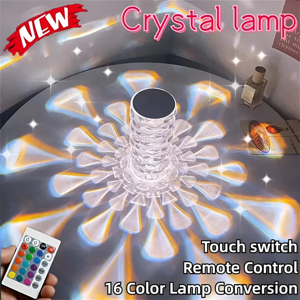Crystal table lamp with teardrop acrylic shade showing droplet shadow effect on bedside table